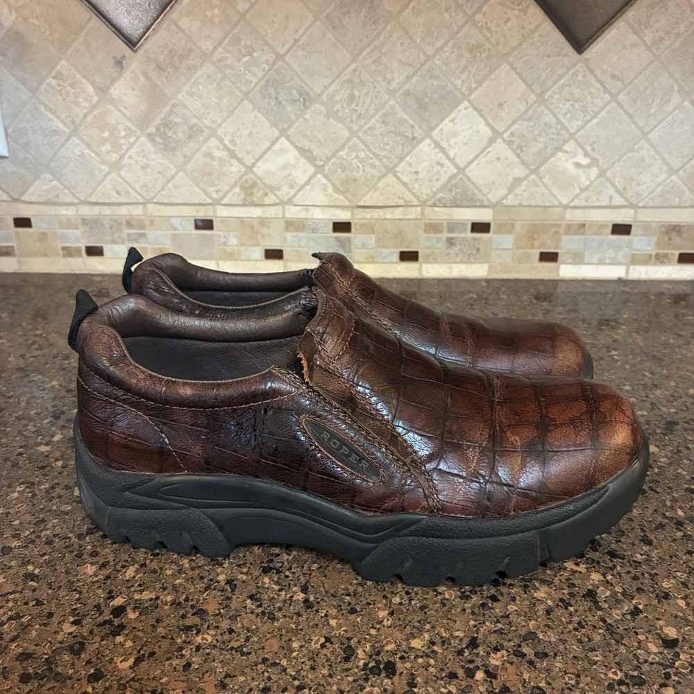 Roper Mens 11 Steel Toe Slip On Work Shoes Brown Faux Croc Embossed Leather Work